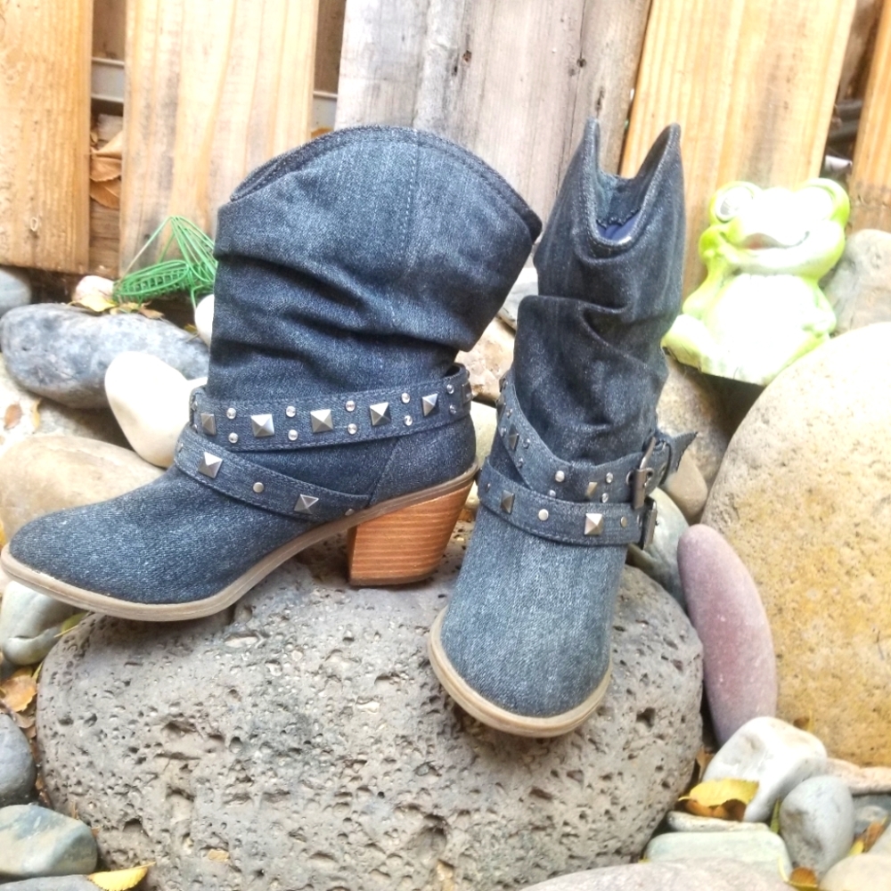 Decree Denim Ankle Boots with Studded Straps